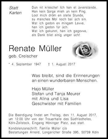 Anzeige von Renate Müller von Kölner Stadt-Anzeiger / Kölnische Rundschau / Express