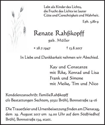 Anzeige von Renate Rahßkopff von  Schlossbote/Werbekurier 