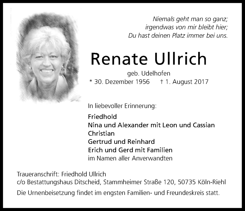  Traueranzeige für Renate Ullrich vom 05.08.2017 aus Kölner Stadt-Anzeiger / Kölnische Rundschau / Express