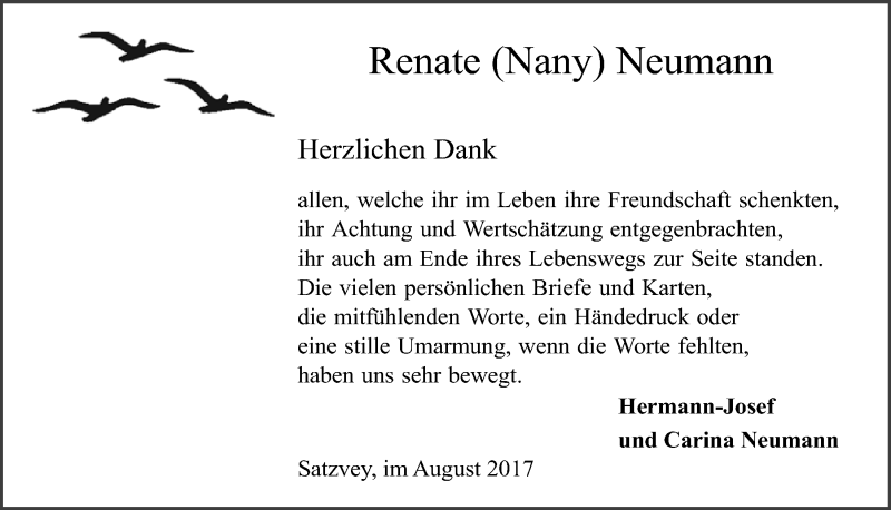  Traueranzeige für Renate Nany Neumann vom 12.08.2017 aus  Blickpunkt Euskirchen 