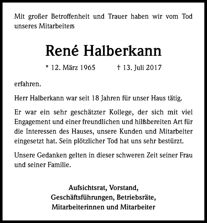 Traueranzeige für Rene Halberkann vom 05.08.2017 aus Kölner Stadt-Anzeiger / Kölnische Rundschau / Express