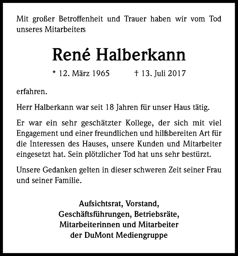  Traueranzeige für Rene Halberkann vom 08.08.2017 aus Kölner Stadt-Anzeiger / Kölnische Rundschau / Express