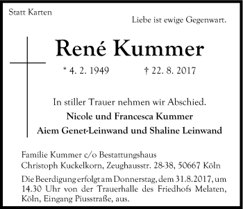 Anzeige von Rene Kummer von Kölner Stadt-Anzeiger / Kölnische Rundschau / Express