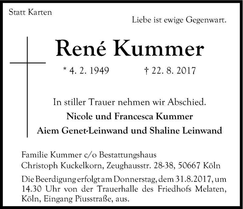  Traueranzeige für Rene Kummer vom 28.08.2017 aus Kölner Stadt-Anzeiger / Kölnische Rundschau / Express