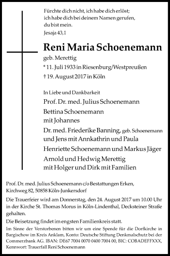 Anzeige von Reni Maria Schoenemann von Kölner Stadt-Anzeiger / Kölnische Rundschau / Express
