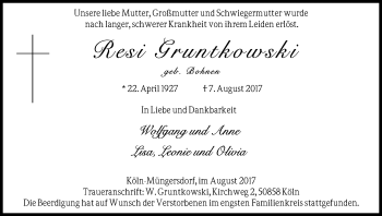 Anzeige von Resi Gruntkowski von Kölner Stadt-Anzeiger / Kölnische Rundschau / Express