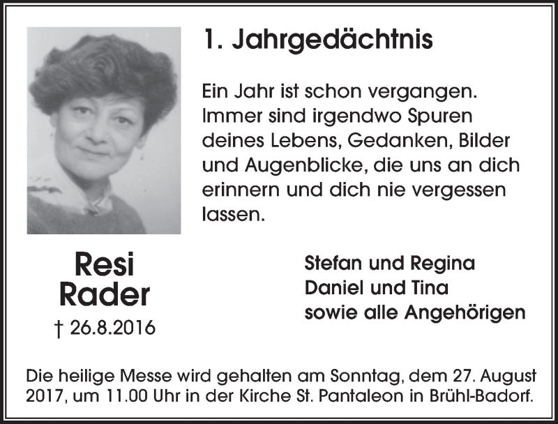  Traueranzeige für Resi Rader vom 23.08.2017 aus  Schlossbote/Werbekurier 