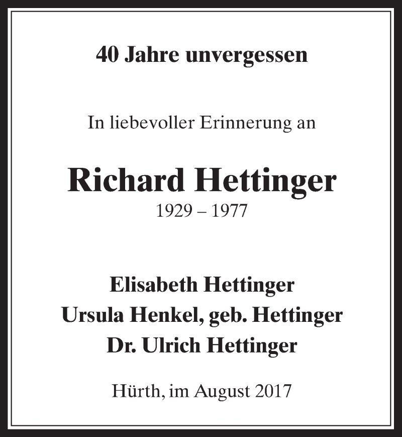  Traueranzeige für Richard Hettinger vom 23.08.2017 aus  Wochenende 