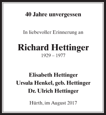 Anzeige von Richard Hettinger von  Wochenende 
