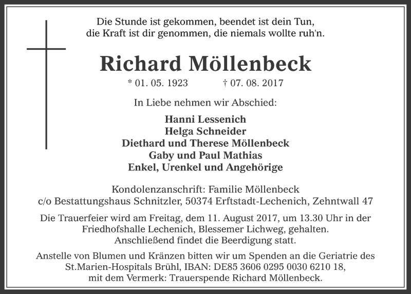  Traueranzeige für Richard Möllenbeck vom 09.08.2017 aus  Werbepost 