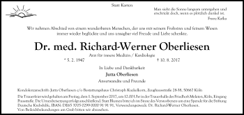 Anzeige von Richard Werner  Oberliesen von Kölner Stadt-Anzeiger / Kölnische Rundschau / Express