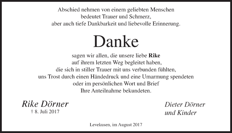  Traueranzeige für Rike Dörner vom 09.08.2017 aus  Lokale Informationen 
