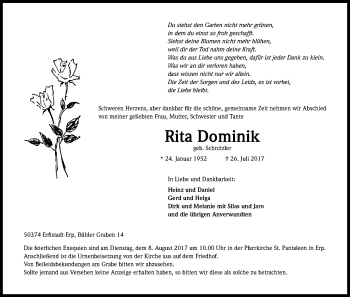 Anzeige von Rita Dominik von Kölner Stadt-Anzeiger / Kölnische Rundschau / Express