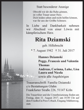 Anzeige von Rita Dziamski von  Kölner Wochenspiegel 