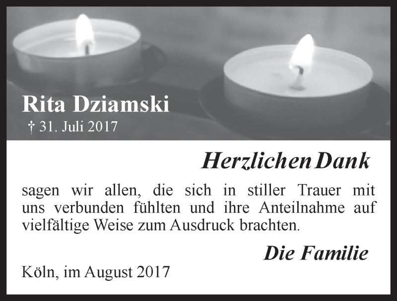  Traueranzeige für Rita Dziamski vom 23.08.2017 aus  Kölner Wochenspiegel 