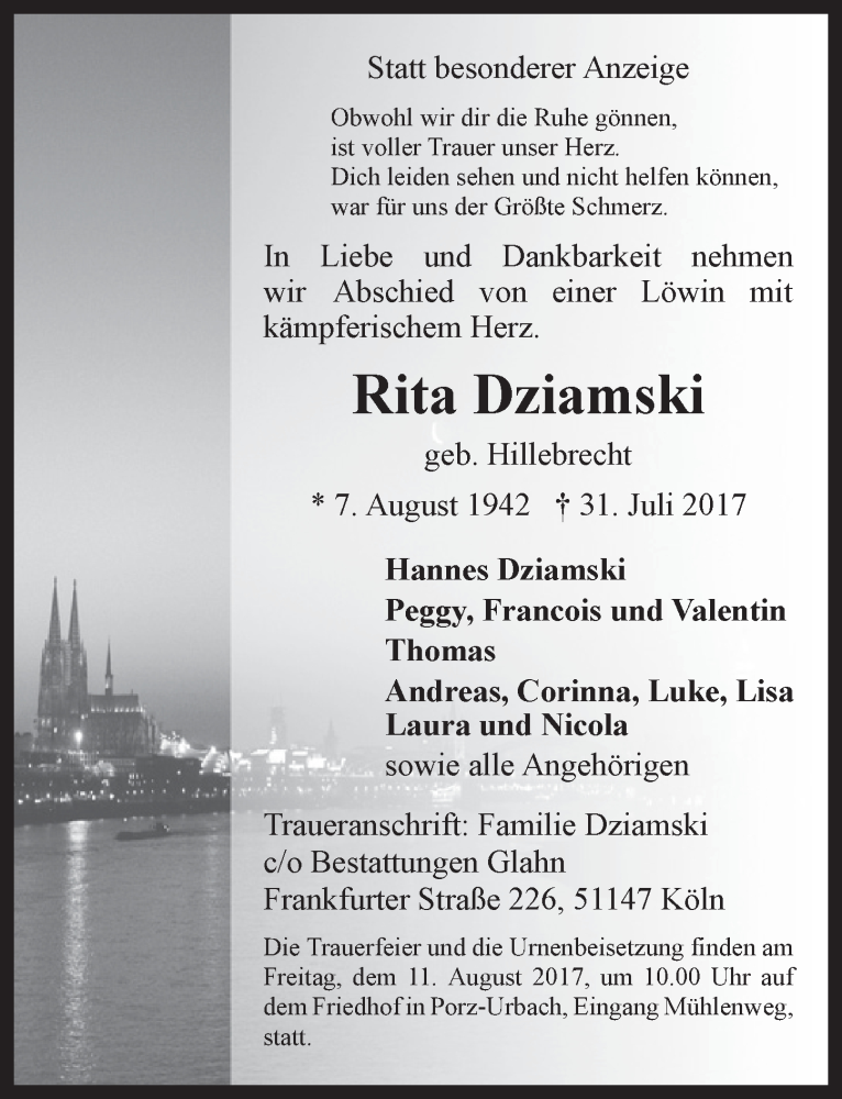  Traueranzeige für Rita Dziamski vom 09.08.2017 aus  Kölner Wochenspiegel 