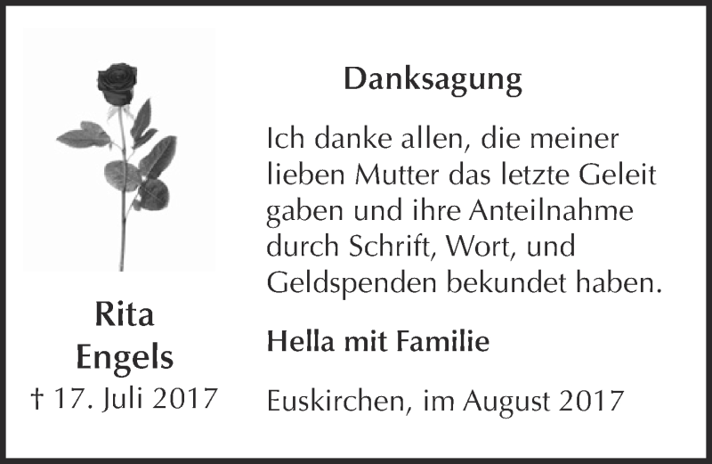  Traueranzeige für Rita Engels vom 19.08.2017 aus  Blickpunkt Euskirchen 