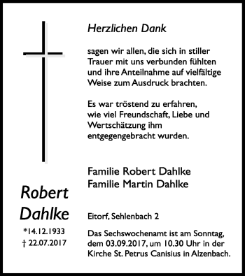 Anzeige von Robert Dahlke von Kölner Stadt-Anzeiger / Kölnische Rundschau / Express