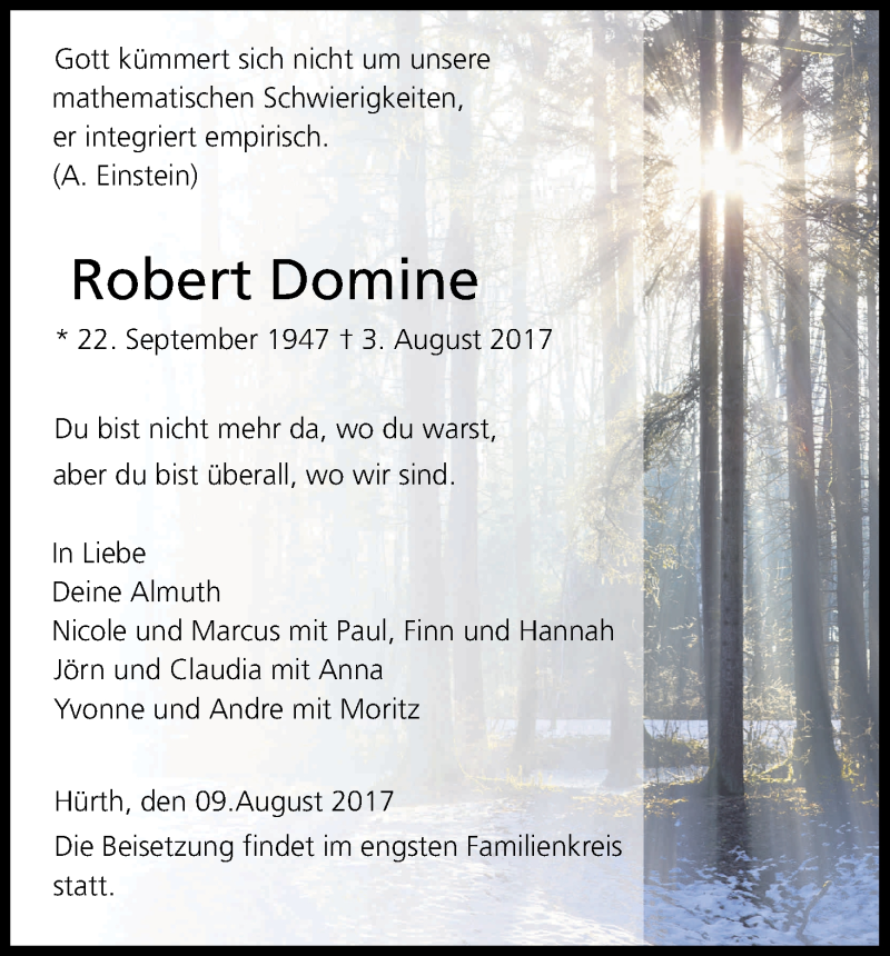  Traueranzeige für Robert Domine vom 09.08.2017 aus Kölner Stadt-Anzeiger / Kölnische Rundschau / Express