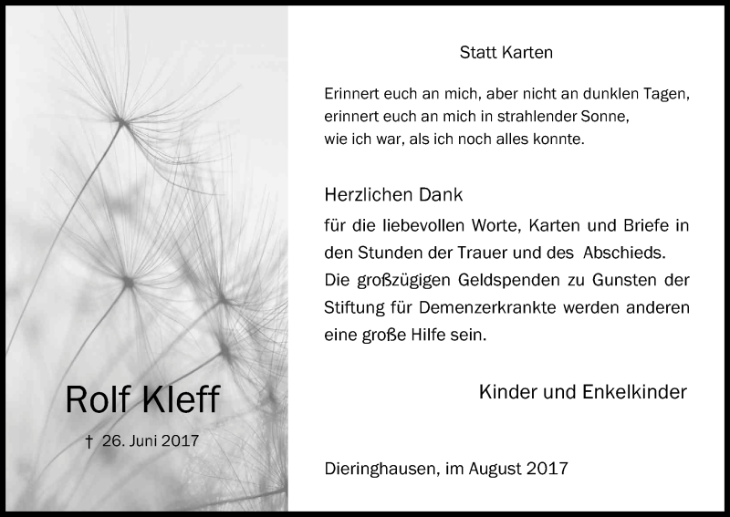  Traueranzeige für Rolf Kleff vom 05.08.2017 aus Kölner Stadt-Anzeiger / Kölnische Rundschau / Express