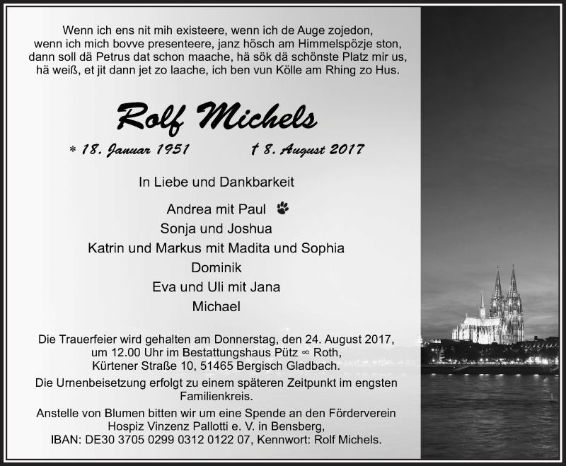  Traueranzeige für Rolf Michels vom 16.08.2017 aus  Bergisches Handelsblatt 
