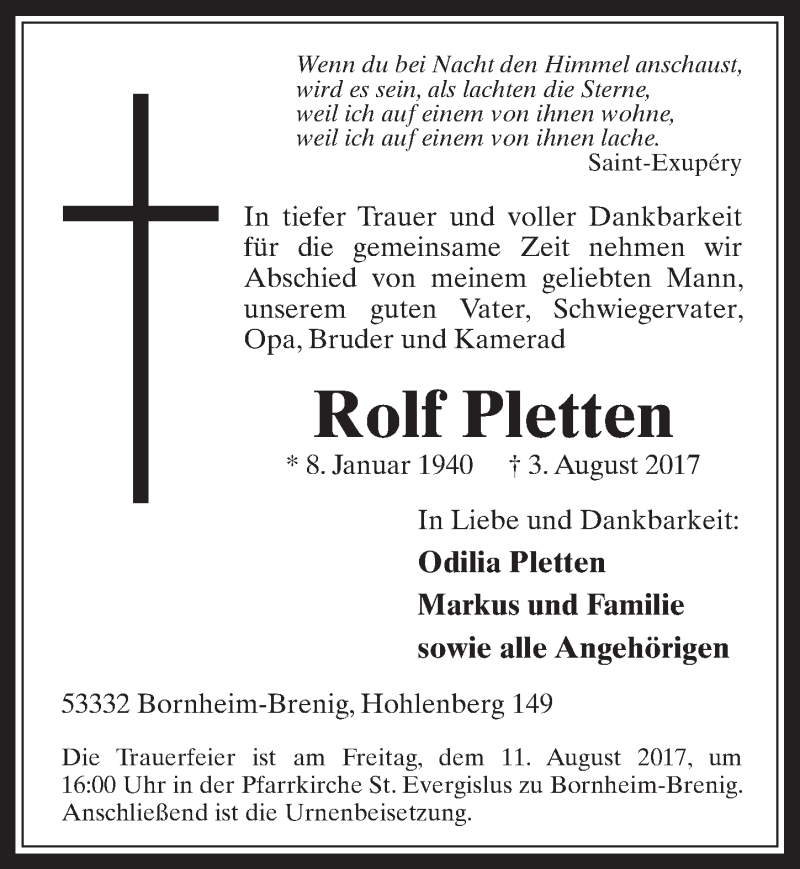  Traueranzeige für Rolf Pletten vom 09.08.2017 aus  Schaufenster/Blickpunkt 