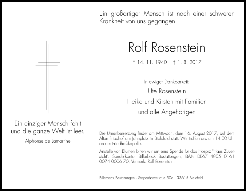  Traueranzeige für Rolf Rosenstein vom 12.08.2017 aus Kölner Stadt-Anzeiger / Kölnische Rundschau / Express
