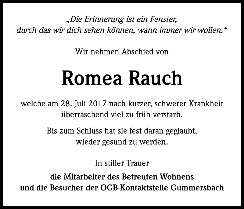  Traueranzeige für Romea Rauch vom 12.08.2017 aus Kölner Stadt-Anzeiger / Kölnische Rundschau / Express