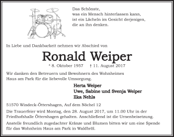 Anzeige von Ronald Weiper von  Extra Blatt  Lokalanzeiger 