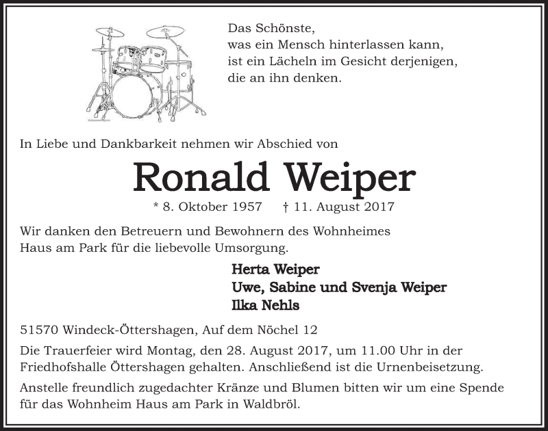  Traueranzeige für Ronald Weiper vom 23.08.2017 aus  Extra Blatt  Lokalanzeiger 