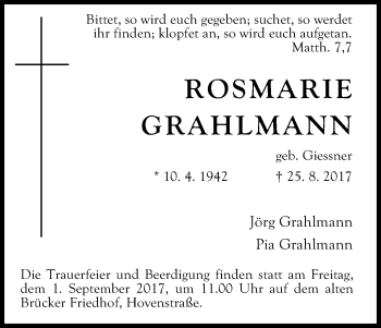 Anzeige von Rosemarie Grahlmann von Kölner Stadt-Anzeiger / Kölnische Rundschau / Express