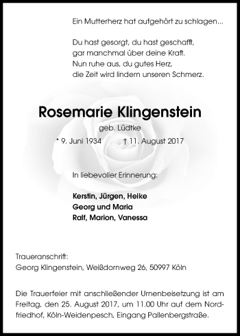 Anzeige von Rosemarie Klingenstein von Kölner Stadt-Anzeiger / Kölnische Rundschau / Express