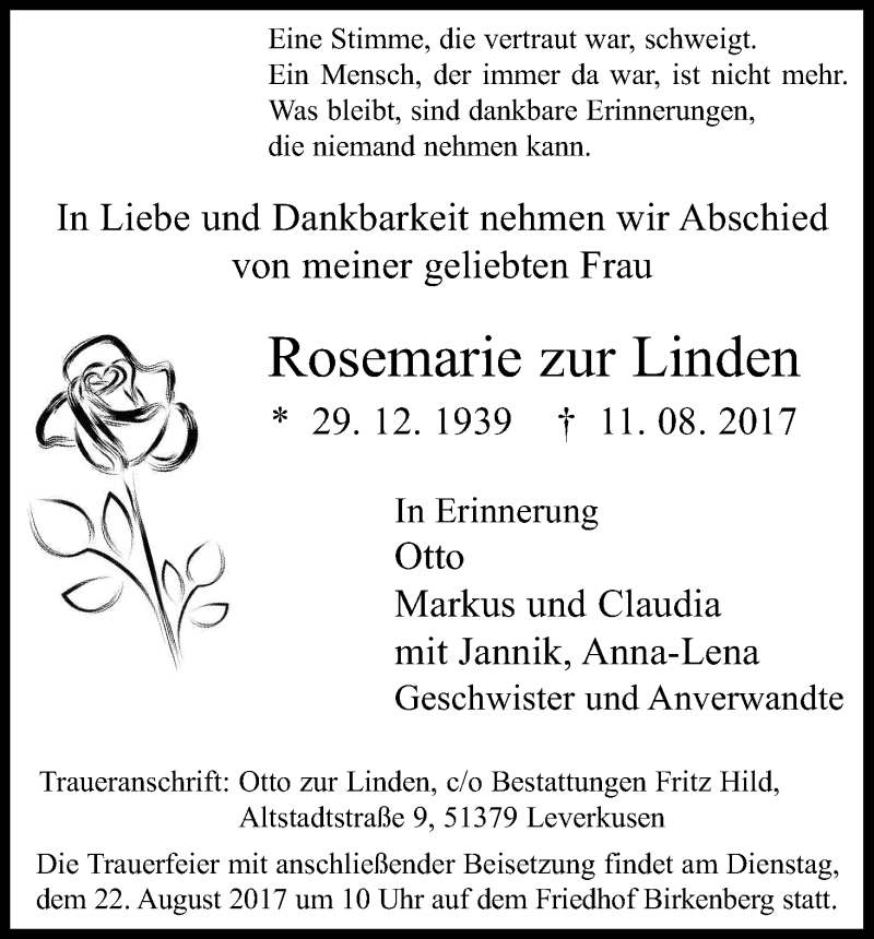  Traueranzeige für Rosemarie zur Linden vom 17.08.2017 aus Kölner Stadt-Anzeiger / Kölnische Rundschau / Express