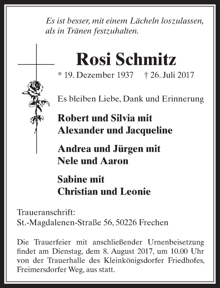  Traueranzeige für Rosi Schmitz vom 02.08.2017 aus  Wochenende 