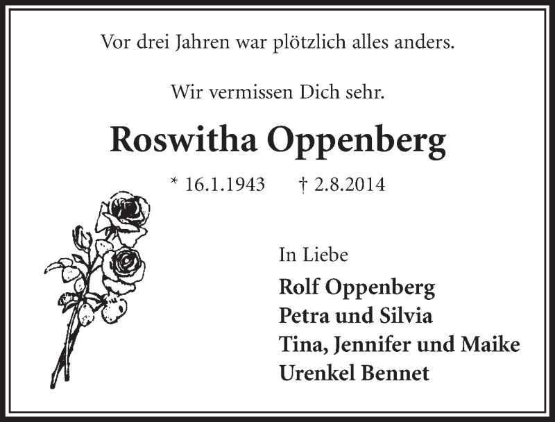  Traueranzeige für Roswitha Oppenberg vom 02.08.2017 aus  Schlossbote/Werbekurier 