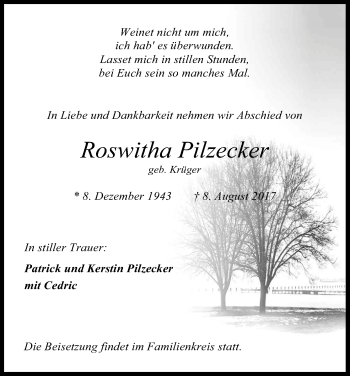Anzeige von Roswitha Pilzecker von Kölner Stadt-Anzeiger / Kölnische Rundschau / Express