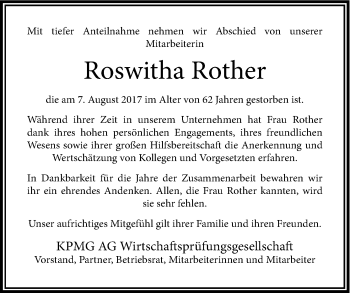 Anzeige von Roswitha Rother von Kölner Stadt-Anzeiger / Kölnische Rundschau / Express