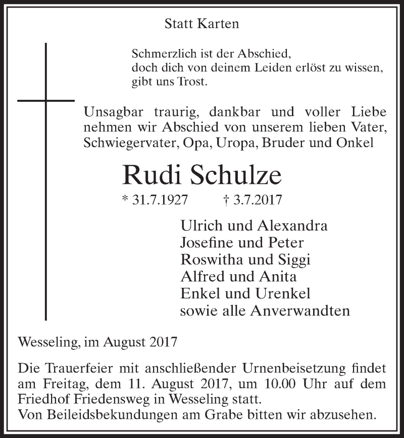  Traueranzeige für Rudi Schulze vom 02.08.2017 aus  Schlossbote/Werbekurier 
