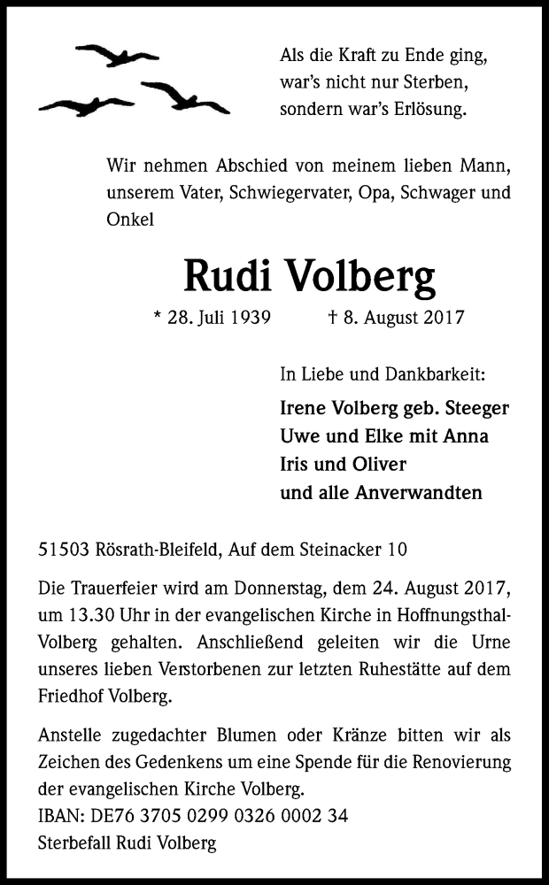  Traueranzeige für Rudi Volberg vom 19.08.2017 aus Kölner Stadt-Anzeiger / Kölnische Rundschau / Express