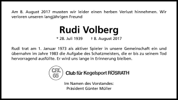 Anzeige von Rudi Volberg von Kölner Stadt-Anzeiger / Kölnische Rundschau / Express
