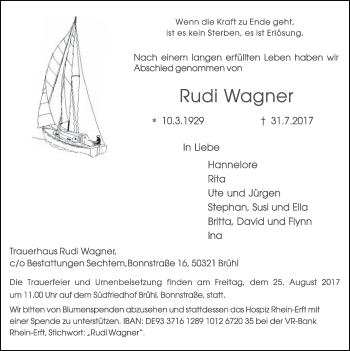 Anzeige von Rudi Wagner von  Schlossbote/Werbekurier 