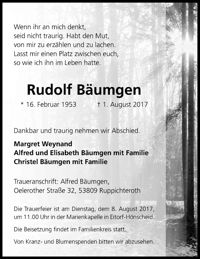  Traueranzeige für Rudolf Bäumgen vom 05.08.2017 aus Kölner Stadt-Anzeiger / Kölnische Rundschau / Express