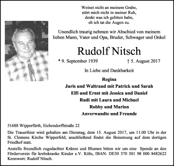 Anzeige von Rudolf Nitsch von Kölner Stadt-Anzeiger / Kölnische Rundschau / Express