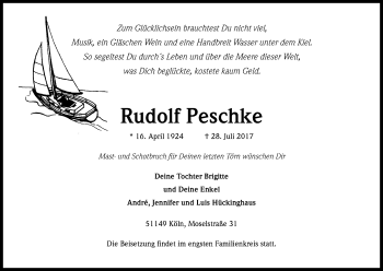 Anzeige von Rudolf Peschke von Kölner Stadt-Anzeiger / Kölnische Rundschau / Express