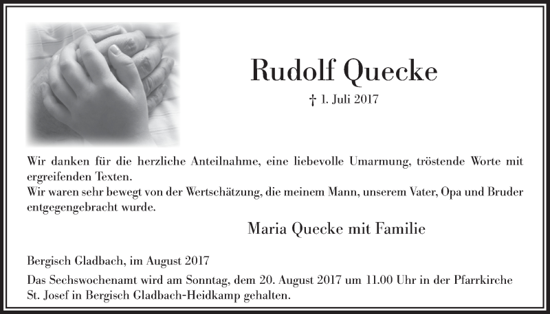  Traueranzeige für Rudolf Quecke vom 12.08.2017 aus  Bergisches Sonntagsblatt 