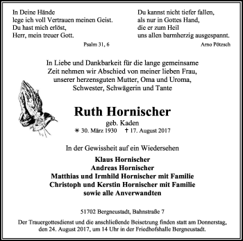 Anzeige von Ruth Hornischer von Kölner Stadt-Anzeiger / Kölnische Rundschau / Express
