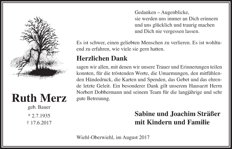  Traueranzeige für Ruth Merz vom 23.08.2017 aus  Anzeigen Echo 