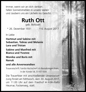 Anzeige von Ruth Ott von Kölner Stadt-Anzeiger / Kölnische Rundschau / Express
