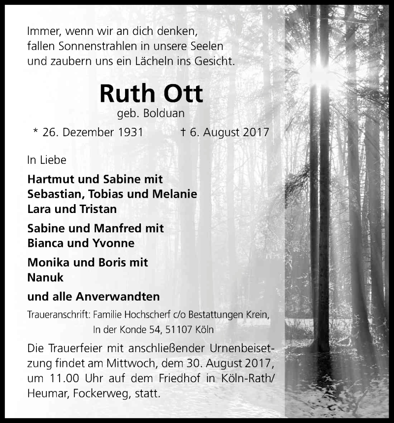  Traueranzeige für Ruth Ott vom 26.08.2017 aus Kölner Stadt-Anzeiger / Kölnische Rundschau / Express