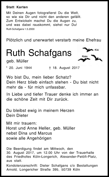 Anzeige von Ruth Schafgans von Kölner Stadt-Anzeiger / Kölnische Rundschau / Express